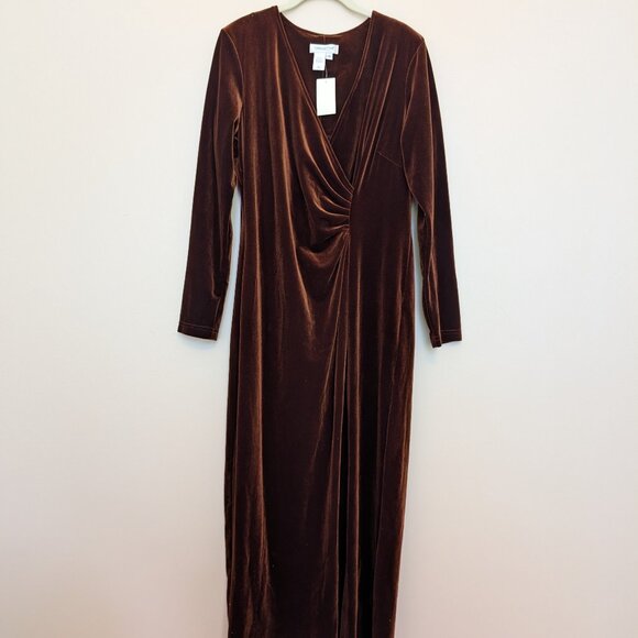 Coldwater Creek chocolate brown rust velvet cross over wiggle dress NWT 14 - Picture 1 of 15